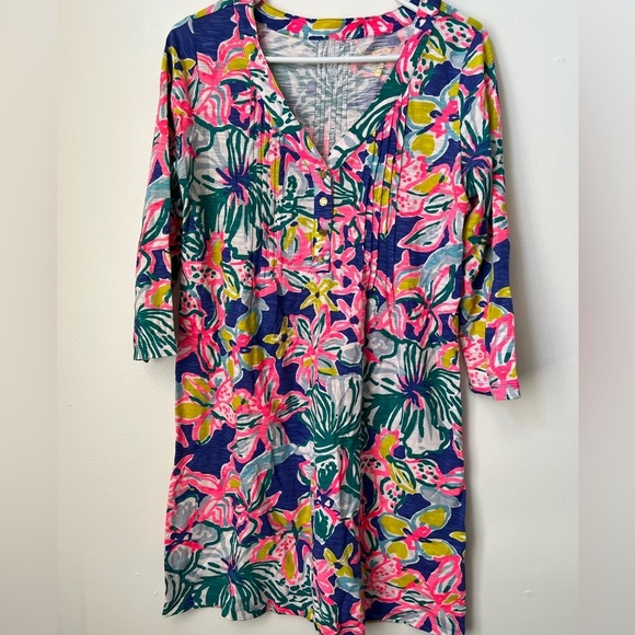 Lilly Pulitzer Amberly Swingy T Shirt Dress Iris Blue Casa Azul Floral Pintuck - Picture 1 of 6